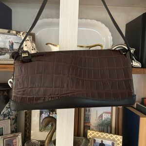 Brighton Chocolate Croc-Embossed Shoulder Bag